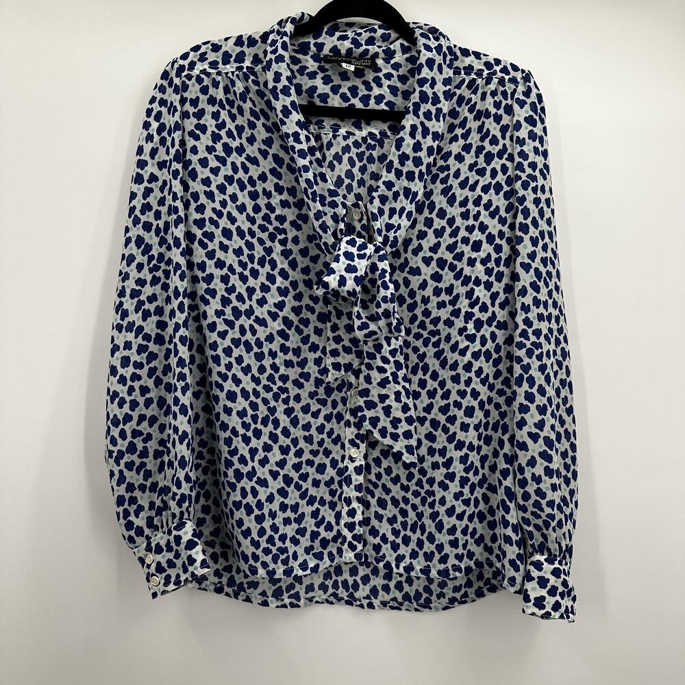 Vintage Givenchy Sport‎ Blouse Womens 12 Blue Animal Print Long Sleeve Bow Top